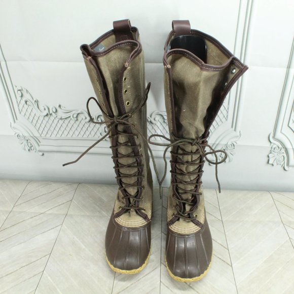 LL Bean Green Canvas Waxed Coated Waterproof Tall Duck Boots Size 6 Medium - Picture 5 of 9